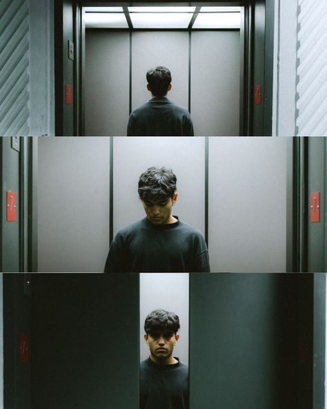 Creative Photography Ideas Men, Insta Post Photo Ideas, Conceptual Portrait Photography Ideas, Photoshoot In Elevator, Elevator Cinematography, Photography Techniques Ideas, Elevator Photoshoot Men, Self Portrait Video, Cinematic Self Portraits