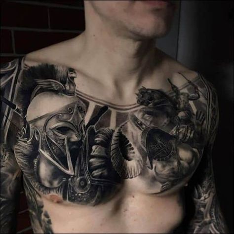 Roman Chest Tattoo Men, Mythology Chest Tattoo, Greek Mythology Chest Tattoo, Tattoo Chest And Shoulder, Chest Tattoo Men Ideas, Tattoo Peito, Tattoo Men Ideas, Skull Quotes, Tattoos Birds