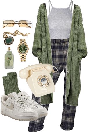 Moss Aesthetic Outfit, Shoplook Outfits Aesthetic, Artsy Look Outfits, Artsy School Outfit, Earthy Grunge Outfits Winter, Retro Green Outfit, Green Aesthetic Vintage Outfit, Green Cute Outfits, Artsy Outfits Aesthetic