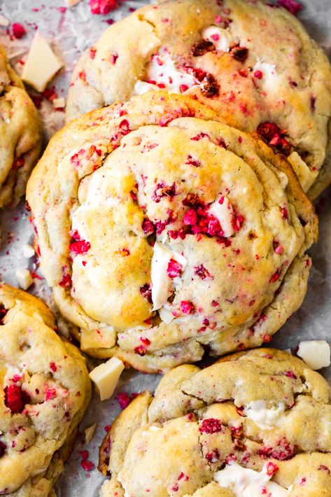 Raspberry White Chocolate Cookies, Raspberry Cookie Recipes, Cookie Dough Ingredients, Giant Chocolate Chip Cookie, Oh Sweet Basil, Raspberry Cookies, White Chocolate Chip, Freeze Dried Raspberries, White Chocolate Cookies