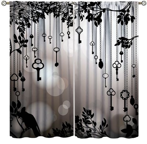 Gothic Interior Design Bedroom, Modern Victorian Curtains, Curtain Aesthetic Dark, Witch Office Decor, Halloween Curtain Ideas, Country Goth Decor, Dark Fairy Core Room, Vintage Goth Home Decor, Curtains Living Room Black