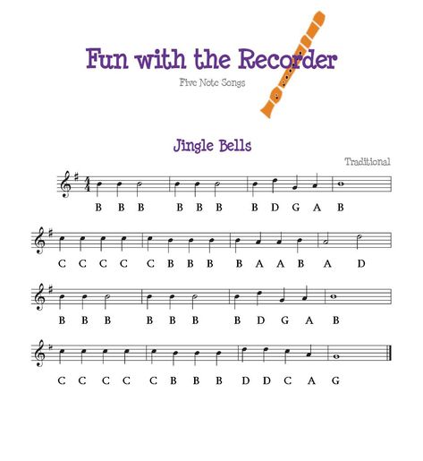 Silent Night Recorder Notes, Recorder Sheet Music With Letters, Recorder Notes Songs, Recorder Music Sheets, Jingle Bells Sheet Music, Recorder Fingering Chart, Recorder Lessons, Recorder Notes, Recorder Sheet Music