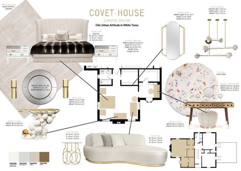 Covet House interior design project featuring Mondrian nightstands, Newton console, and Odette sofa. Discover other golden options. #bocadolobo #luxuryfurniture #exclusivedesign #interiodesign #designideas #modernroom #modern #decorideas #livingroomideas #interiodesign #decor #homedecor #sofas ideas #roomdesign #roomideas #homeideas #interiordesignstyles #interiordesigninspiration #interiorinspiration #bedroom #bedroomdecor #bedroomdesign Portfolio Design Layouts, Interior Design Presentation Boards, Design Portfolio Layout, Interior Presentation, Interior Design Portfolio Layout, Mood Board Interior, 포트폴리오 레이아웃, Interior Design Presentation, Covet House