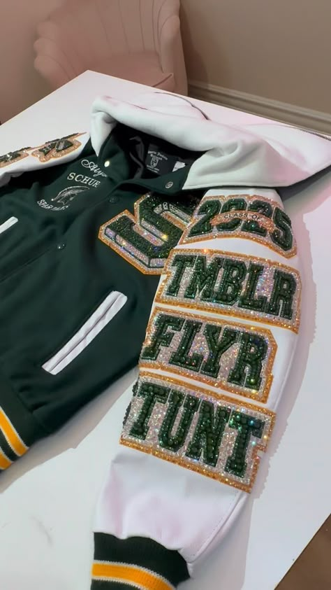 Blinged Out Letterman Jacket, Varsity Patch Ideas, Senior Hoodies Design Ideas 2025, Senior Varsity Jacket, High School Clubs, Rhinestone Clothes, Letterman Jacket Ideas, Cheer Jackets, Hoodies Design Ideas