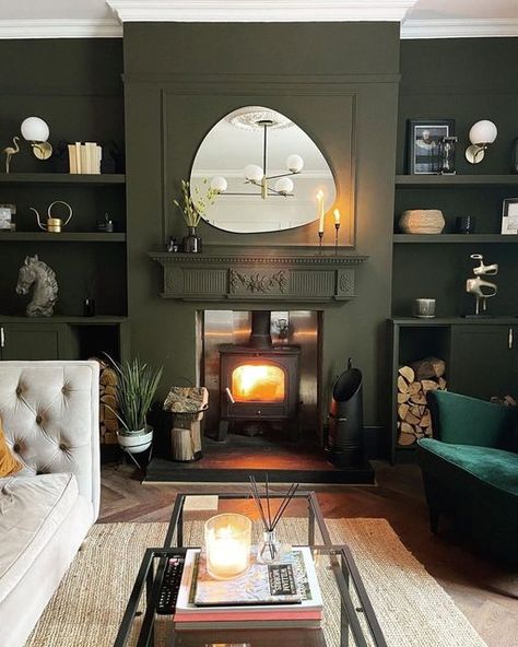 Green Living Room With Log Burner, Living Room Design Green, Olive Living Rooms, Popular Living Room Colors, Log Burner Living Room, Dark Green Living Room, Green Living Room Decor, Feature Wall Living Room, Popular Living Room