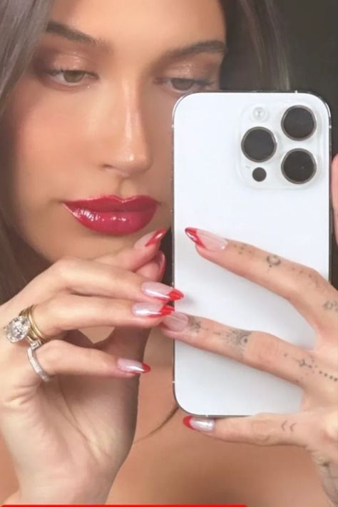 Spring Nails Inspo Straight From Hailey Bieber Herself Popular Manicures, Red Tip Nails, Vibrant Nail Designs, Red Chrome Nails, Candy Cane Nails, Red Nail Art, Red French, Summer Nail Designs, Vibrant Nails