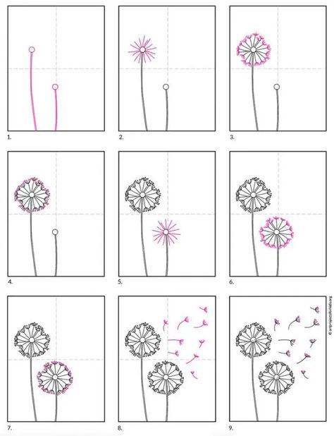 Dandilion Art, Draw Dandelion, Dandelion Tutorial, Draw A Dandelion, Elementary Art Lesson Plans, Dandelion Drawing, Spring Drawing, Dandelion Art, Doodle Art Flowers