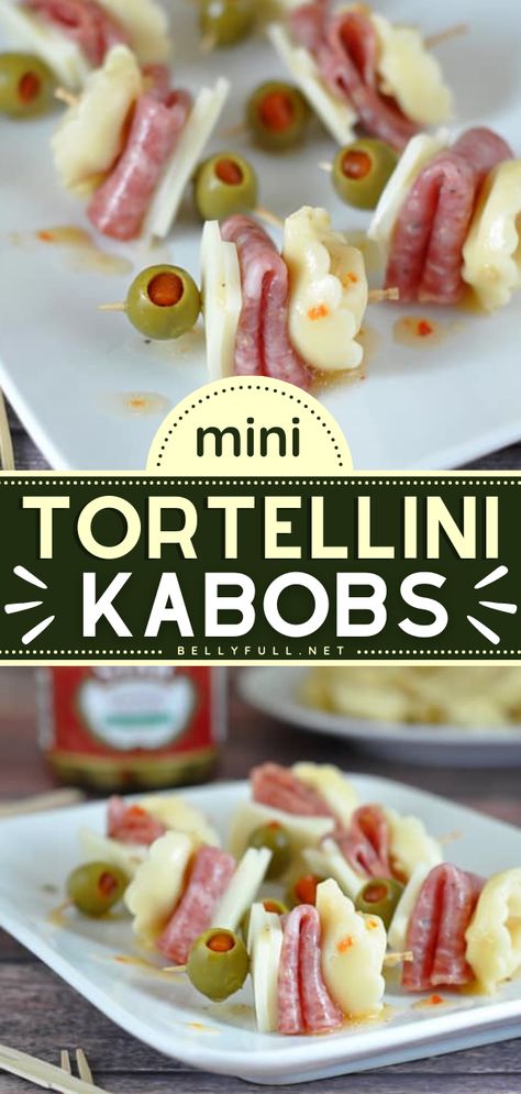 Mini Tortellini Kabobs Appetizer Screwers, Easy Antipasto Skewers, Antipasto Skewers With Tortellini, Mini Kabobs, Skewer Ideas, Tortellini Kabobs, July Appetizers, Antipasto Kabobs, Shower Appetizers