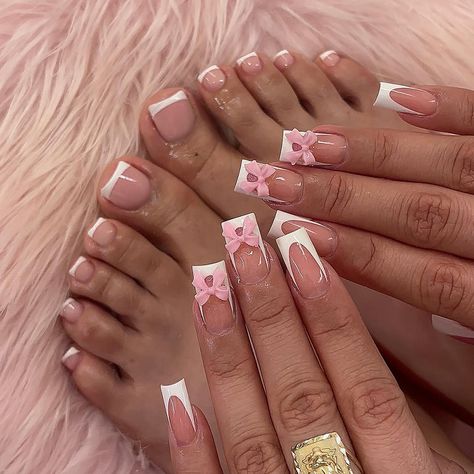 48pcs Hand & Foot Two-Piece set ，White French style Fake Nails  With Square Shape ,Simple  Press On Chan Nails, Nail Shapes Square, Bow Nail Art, Nail Types, Estilo Y2k, Acrylic Toe Nails, Girly Acrylic Nails, French Tip Acrylic Nails, Pink French