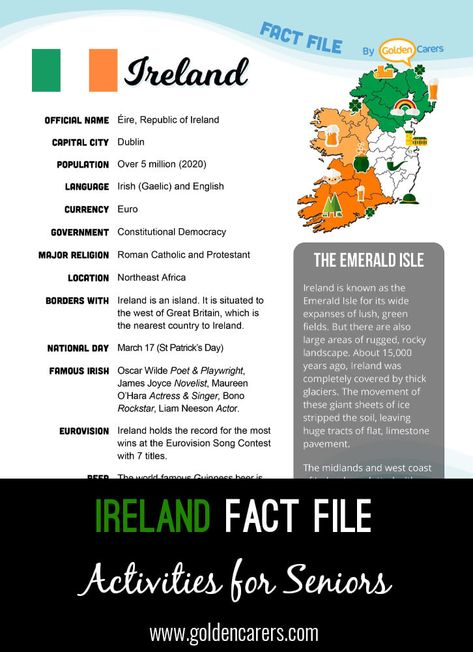 Ireland Fact File: An attractive one-page fact file all about Ireland. Print, distribute and discuss! Ireland Poster Board Project, World Thinking Day Ireland, Ireland Activities For Kids, Irish Facts, Ireland Activities, Fun Facts About Ireland, Facts About Ireland, Multicultural Fair, Ireland Facts