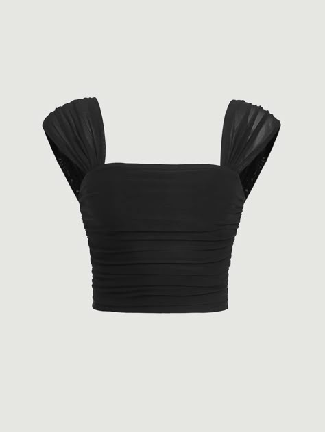 Black Casual Collar Knitted Fabric Plain Wide Strap Embellished Slight Stretch Women Clothing Wide Straps Top, قلادات متدلية, Hanky Hem, Plain Dress, Top Shein, Looks Party, Dr Closet, Neck Crop Top, Shein Tops