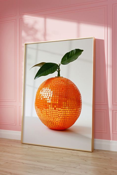 Add a splash of citrus and disco to your space with our "Citrus Disco Ball" poster. This artwork is a playful fusion of fruity charm and sparkling disco vibes, perfect for kitchens, dining areas, or any spot needing a zestful touch.  This poster will surely become the centrepiece of your room's decor, offering a unique and vibrant statement.  Our heavier-weight, white, premium matte paper has a natural, smooth uncoated finish that feels luxurious to the touch.   Features:   The 200 gsm/ 80 lb pa Disco Ball Fruit Art, Disco Ball Fruit, Disco Ball Art, Disco Ball Poster, Disco Vibes, Retro Food, Vintage Preppy, Dining Areas, Barbie Dream House