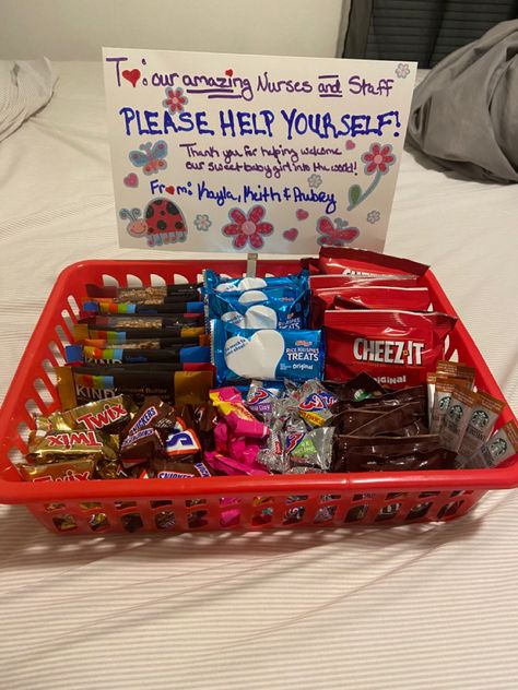 Nurse Treat Bags, Birth Basket For Nurses, Goodie Basket For Labor And Delivery Nurses, Labor And Delivery Thank You, Delivery Basket For Nurses, Nurses Week Basket Ideas, Snack Basket Ideas For Office, Gift Basket For Labor And Delivery Staff, Gifts For Doula Thank You