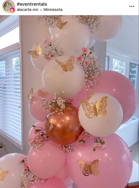 Quince Themes Butterflies, 18th Birthday Party Ideas Butterfly Theme, Butterfly And Flower Themed Birthday Party, Gold Butterfly Party Decor, Pink Butterfly Party Decorations, Balloons With Butterflies, Butterfly 15 Theme Pink, 21st Birthday Butterfly Theme, Butterfly Shower Decorations