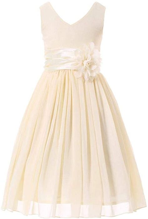 Amazon.com: Bow Dream Junior Bridesmaids V-Neckline Chiffon Flower Girl Dress: Clothing Summer Flower Girl Dresses, Flower Girl Outfits, Dream Flower, Chiffon Flower Girl Dress, Junior Bridesmaids, Ivory Flower Girl, Chiffon Flower, Wedding Dresses For Girls, Chiffon Flowers