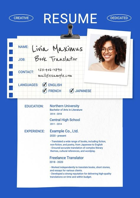 Book translator resume template, editable design | premium image by rawpixel.com / audi Graphic Design Resume Layout, Graphic Designer Resume Ideas, Cv Designer Graphic, Translator Resume, Contact Card Template, Portfolio Layout Design, Cv Creative, Design Portfolio Examples, Business Kit