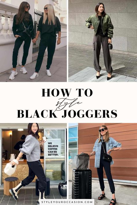 Wondering how to style black sweatpants or black joggers? This list of black joggers outfits for women has it all - casual, comfy, dressy, for work, going out, street style, and looks for spring, summer, fall, and winter. Get a chic aesthetic with these modern black jogger outfit ideas and black leather joggers outfits. Black Sweatpants Street Style, Black Joggers Outfit Street Style, Womens Joggers Outfit Dressy, Black Leather Joggers Outfits, Joggers Outfit Dressy, Style Black Sweatpants, Black Jogger Pants Outfit, Carrot Pants Outfit, Cargo Joggers Outfits Women