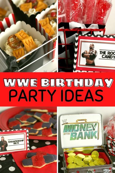 If you're having a WWE birthday party for kids, you're going to need tons of easy DIY ideas! From decorations to activities, you'll find everything you need for an awesome wrestling event. You can get ideas for food puns, invitations, backdrops, and favors. Whether you're looking for ideas with Summer Slam, John Cena, Money in the Bank, or Wrestlemania, you'll find inspiration here with banners, centerpieces, goody bags, snacks, and games. Wwe Snack Ideas, Wwf Birthday Party Ideas, John Cena Birthday Party, Wrestlemania Party Food, Wwe Birthday Party Games, Wwe Party Favors, Wrestling Goodie Bags, Wwe Party Food, Wrestling Themed Party