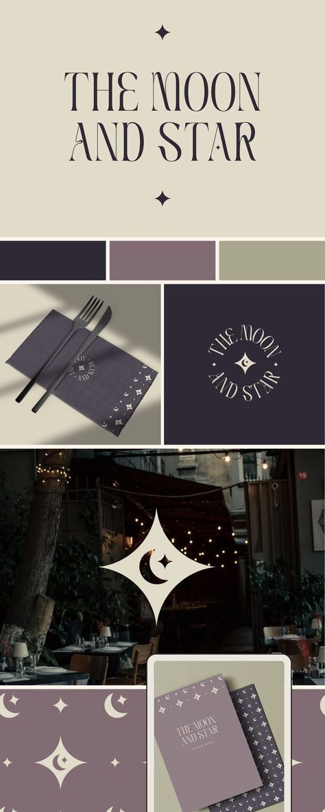 Luxury Brand Identity Design for Vegan Restaurant Star Brand Identity, Celestial Branding Design, Dark Branding Design, Cozy Graphic Design, Celestial Branding, Gift Shop Logo Design, Stars Graphic Design, Dark Branding, Elegant Packaging Design