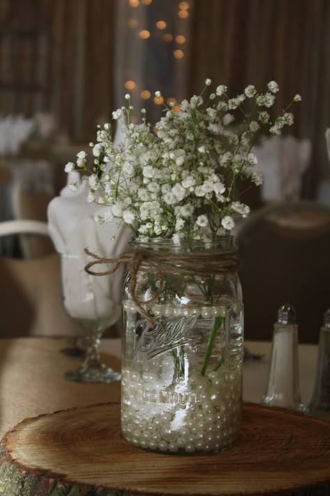 Baby breath centerpiece in Mason jar - rustic wedding Vintage Wedding Centerpieces Pearls, Baby Breath Centerpiece, Wedding Centerpieces Mason Jars, Rustic Wedding Reception, 60 Wedding Anniversary, Winter Wedding Decorations, Bridal Shower Centerpieces, Baby Breath, Rustic Wedding Diy