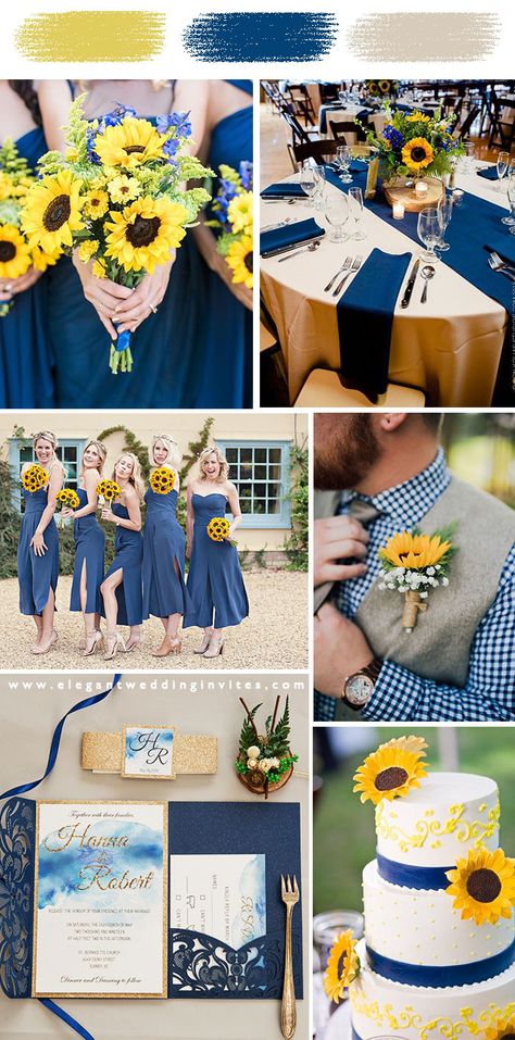 classic blue and yellow simple rustic sunflower wedding color palette Blue Sunflower Wedding, Blue Yellow Weddings, Blue And Yellow Wedding, Yellow Wedding Colors, Sunflower Wedding Decorations, Yellow Wedding Theme, Rustic Sunflower Wedding, Sunflower Themed Wedding, Blue Themed Wedding