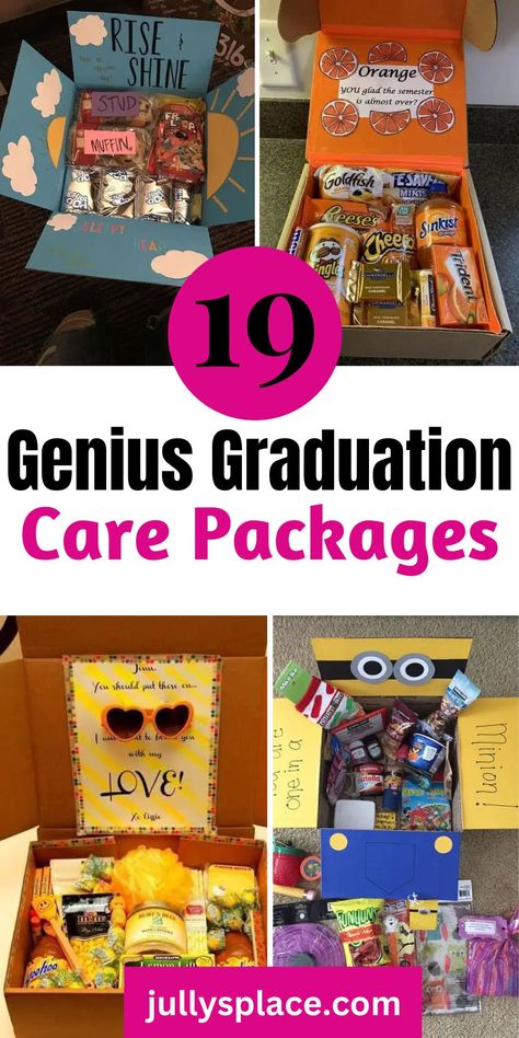 Graduation care package College Box Care Packages, Graduation Box Gift Ideas, Graduation Care Package, Student Snacks, Treat Boxes Diy, High School Graduation Gift Ideas, Diy Graduation Decorations, Graduation Gift Basket, Graduation Gift Bags