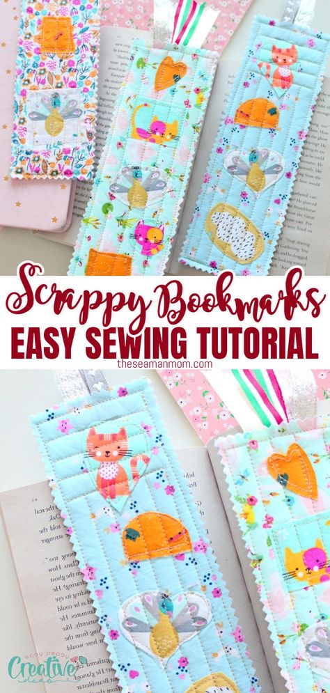 EASY BOOKMARKS WITH FABRIC SCRAPS SEWING TUTORIAL Bookmarks From Fabric Scraps, Fun Simple Sewing Projects, Fall Sewing Crafts To Sell, Easy Sewing Projects For Christmas Gifts, Fabric Scrap Bookmarks, Bookmark Patterns Printable, How To Sew Bookmarks, Cute Simple Sewing Projects, How To Sew A Bookmark