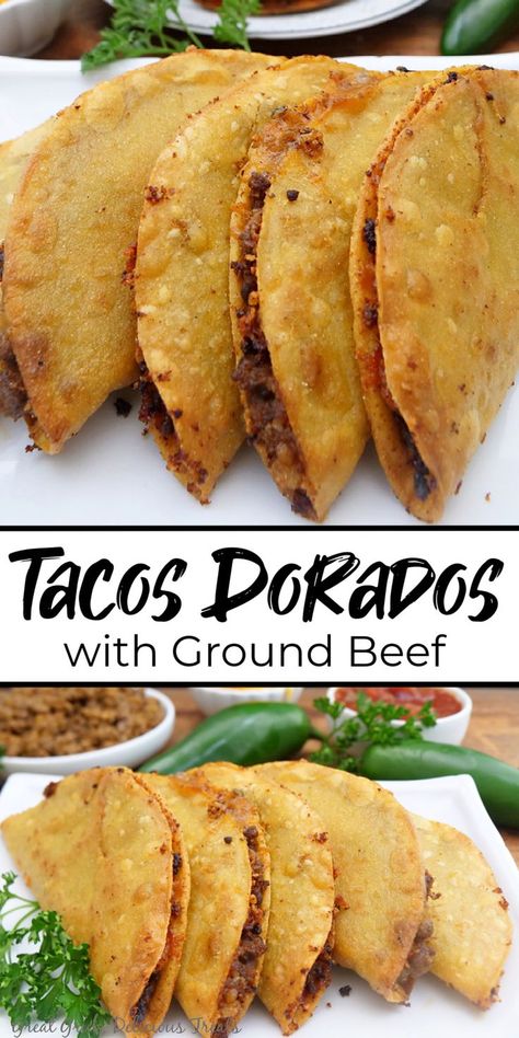 A double photo collage of tacos lined up on a white plate with sprigs of parsley on the plate. Essen, Ground Beef And Corn, Taco Recipes Ground Beef, Dinner Recipes With Ground Beef, Tacos Dorados, Beef Ground, Recipes With Ground Beef, Mexican Dinner, Ground Beef Recipes For Dinner