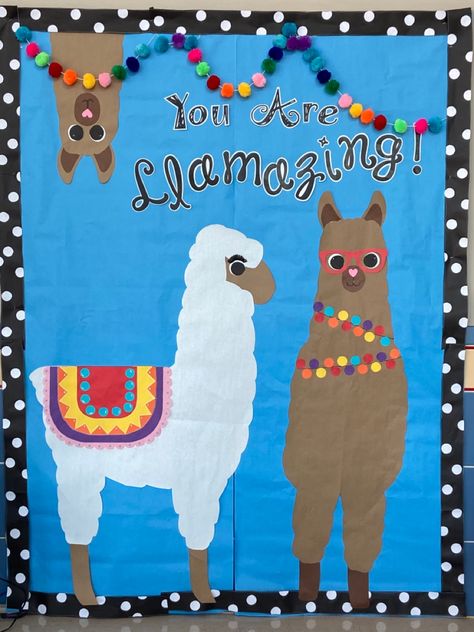 Fun cute llama bulletin board Peru Bulletin Board Ideas, Peru Bulletin Board, Llama Door Decorations Classroom, Llama Classroom Door Ideas, Llama Bulletin Board Ideas, Llama Classroom Theme, Llama Bulletin Board, Llama Classroom, Llama Decor