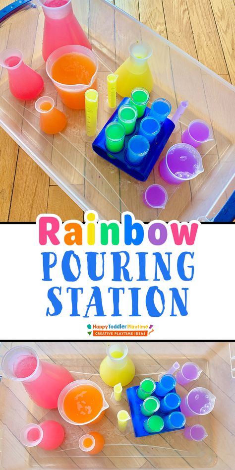 Rainbow Pouring Station Sensory Bin for Kids - HAPPY TODDLER PLAYTIME Pouring Station, Rainbow Lessons, Sensory Activities For Preschoolers, Toddler Sensory Bins, Rainbow Activities, Sensory Activities Toddlers, Toddler Sensory, Kids Sensory, Rainbow Theme