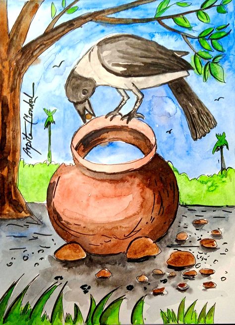 By arpita mondal Drawing For Class 4 Students, Thirsty Crow, Village Scene Drawing, Easy Scenery, Easy Scenery Drawing, Crows Drawing, Oil Pastel Drawings Easy, Drawing Scenery, Scenery Drawing