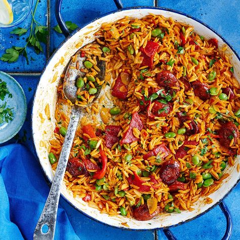 Orzo paella recipeghkuk Orzo Paella, Fideua Recipe, Easy Dinner Party Recipes, Easy Paella, How To Cook Chorizo, How To Cook Orzo, Chorizo Recipes, Virgin Media, Orzo Recipes