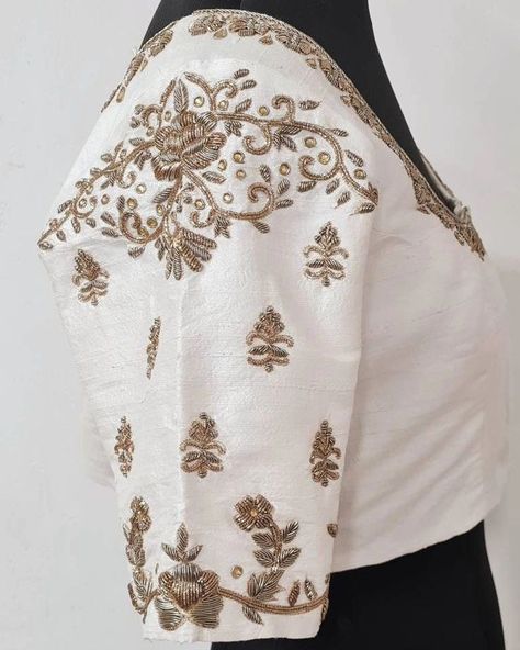 Dm@96404 90158 Designer maggam work blouse Fabric: Halfpattu /Rawsilk Dispatch: 3days Price : 3000 unstiched 3550stitched Colours and sizes can be customised accordingly White Aari Work Blouse, White Raw Silk Blouse, Blouse Designs For Pattu Sarees, White Saree Blouse, White Work Blouse, White Blouse Designs, Gold Blouse Designs, Khatli Work, Raw Silk Blouse