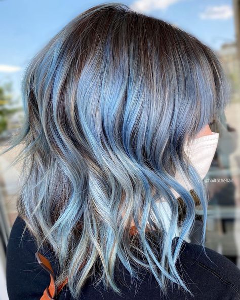 Pastel Blue Hair Highlights, Light Brown Hair With Blue Highlights, Sky Blue Highlights, Blue Hair Colour Ideas, Blue Hair Colour, Blue Brown Hair, Baby Blue Hair, Blue Hair Highlights, Blue Hair Color