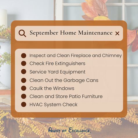 September Checklist September Checklist, Clean Fireplace, Maintenance Checklist, Fire Extinguishers, Hvac System, Garbage Can, Real Estate Tips, Window Cleaner, Home Maintenance