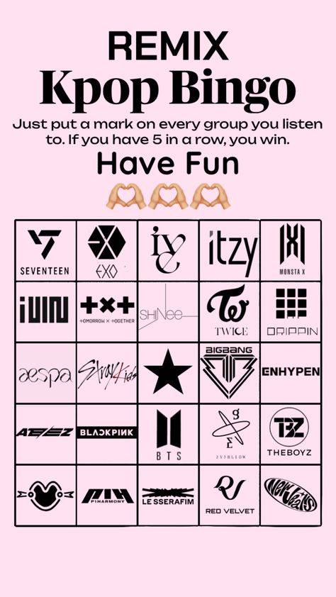 Inspiration from @chloegirl1125 🫶🏼🫶🏼🫶🏼#bingo #kpop #kpopgroups #kpopbingo #game Kpop Bingo, About Me Template, Pop Games, Twice Kpop, Crazy Kids, Kpop Wallpaper, Kpop Groups, Bigbang, Bingo