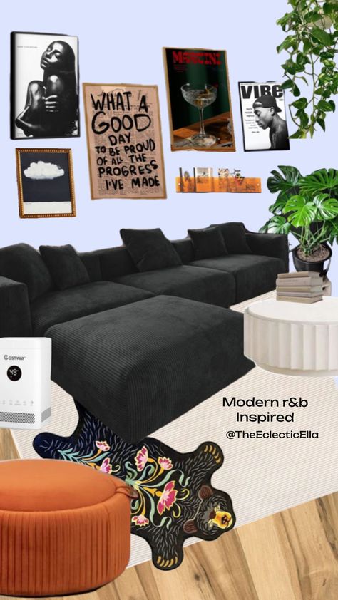 @theeclecticella Black Sofa Decor, Black Couch Living Room, Black Couch, Girl Apartment Decor, Cute Living Room, Aesthetic Living Room, Apartment Living Room Design, Future Apartment Decor, Couch Decor