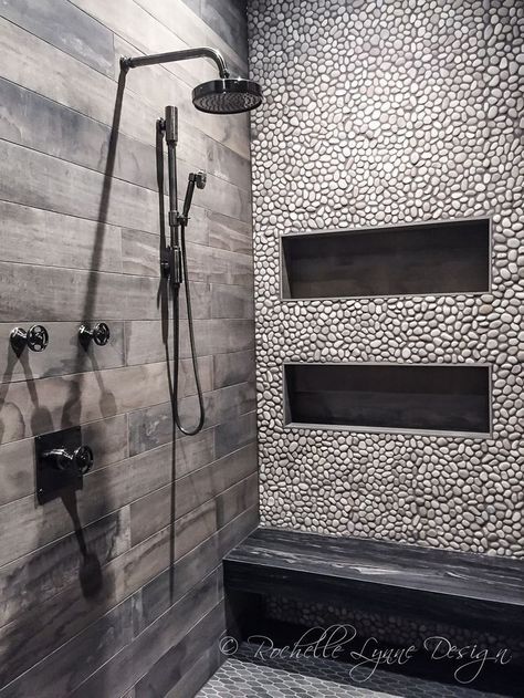 Design Interior Baie, Modern Shower Design, Gray Shower Tile, Grey Bathroom Tiles, Bad Inspiration, Shower Niche, Bathroom Shower Tile, Bathroom Remodel Shower, Wood Look Tile