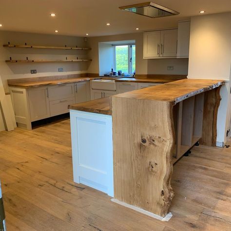 Live edge Pippy Oak worktops, shelving and up stands with water fall breakfast bar. #liveedge #kitchen #worktops #breakfastbar Timber… | Instagram Live Edge Breakfast Bar, Oak Kitchen Worktop, Live Edge Kitchen Countertops, Live Edge Shelves Kitchen, Oak Worktop Kitchen, Live Edge Kitchen, Oak Countertop, Live Edge Countertop, Live Edge Bar Top