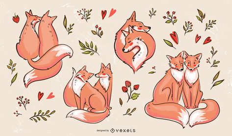 Valentines fox couples illustration set -  Vector download Couples Illustration, Valentine Drawing, Cuddle Love, Valentines Illustration, Fox Painting, Fox Illustration, Different Poses, Cute Animal Drawings Kawaii, Couple Illustration