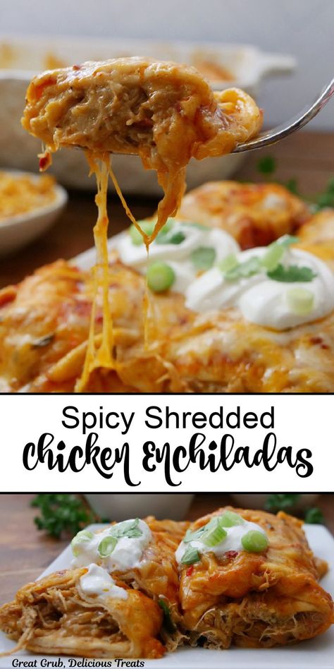 A double photo collage of chicken enchiladas on a white plate. Shredded Chicken Rice, Spicy Shredded Chicken, Shredded Chicken Enchiladas, Creamy Guacamole, Green Chile Chicken Enchiladas, Recipes With Flour Tortillas, Enchilada Ingredients, Simple Family Meals, Crock Pot Inspired Recipes