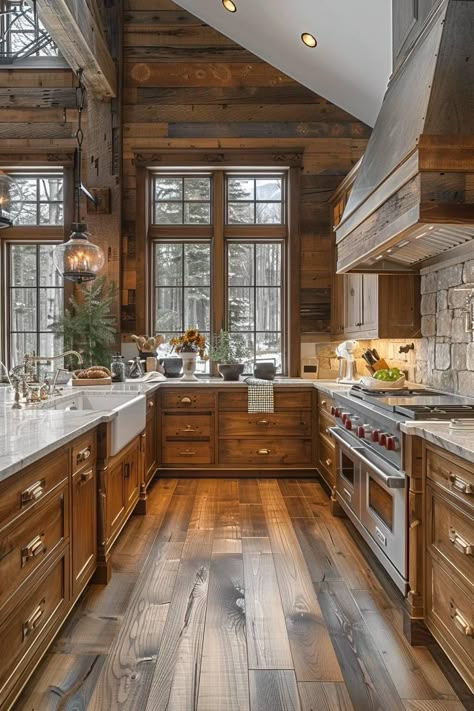 Modern Log Cabin Kitchen, Cabin Kitchens Rustic, Ranch Style Kitchen, Western Houses, Cozy Cabin Kitchen, Ranch House Kitchen, Mountain House Kitchen, Loft Aesthetic, Log Cabin Kitchen