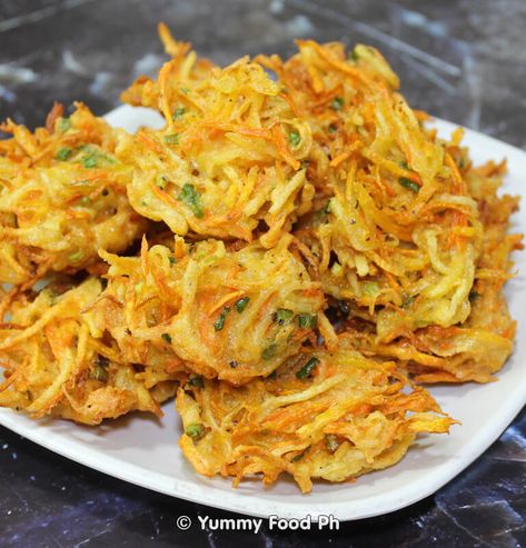 Ukoy Recipe Filipino Food, Carrot And Potato Recipes, Ukoy Recipe, Filipino Appetizers, Potato Fritters Recipe, Carrot Fritters, Pinoy Recipe, Sweet Potato Fritters, Written Recipes