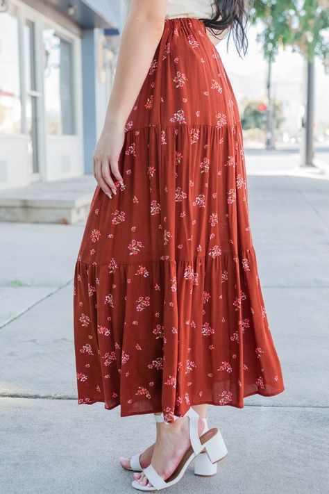 Portugal Clothes, Mass Outfit, Mission Outfits, Modesty Journey, Fall Floral Pattern, Long Tiered Skirt, Western Girl Outfits, Long Flowy Skirt, Flowy Skirt