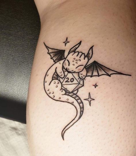 Dragon Dungeons And Dragons Tattoos Teresa Tattoos Dragons Tattoos, Cute Dragon Tattoo, Star Dragon, Dragons Tattoo, Nerdy Tattoos, Monster Tattoo, Nerd Tattoo, Petit Tattoo, Magic Tattoo