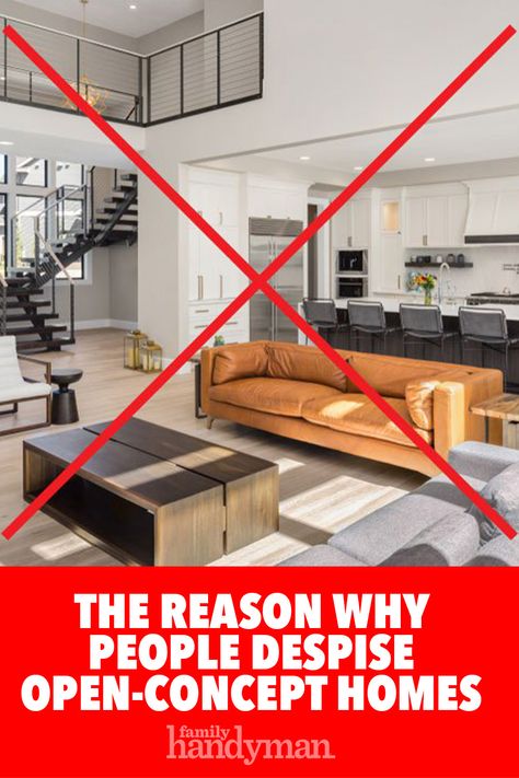 The Reason Why People Despise Open-Concept Homes Contemporary Open Floor Plan, Kitchen Family Room Layout Open Concept Interior Design, Open Concept With Posts, Kitchen Eating Area Ideas Open Concept, Kitchens Open To Living Room, Rectangular Floor Plan Open Concept, Dividing Open Concept Rooms, Semi Open Concept Floor Plans, Open Floor Concept Living Room