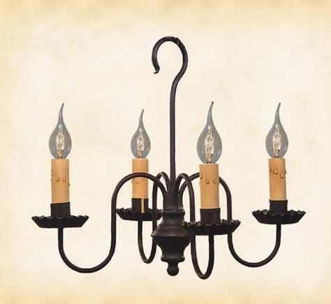 COLONIAL "PEPPERMILL" CHANDELIER - Handcrafted 4 Arm Metal Candelabra Light Colonial Lighting Fixtures, Colonial Lighting, Wrought Iron Chandelier, Country Chandelier, Country Lighting, Metal Candelabra, Primitive Colonial, Iron Chandelier, Wrought Iron Chandeliers