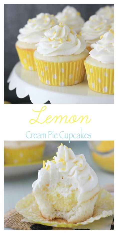 Impress you friends with these luscious Lemon Cream Pie Cupcakes. A fresh vanilla cupcake with a delicate lemon mousse and topped with cream cheese whipped cream. Ww Cake Mix Recipes With Diet Soda, Healthier Muffins, Whip Frosting, Cream Pie Cupcakes, Ww Sweets, Light Dishes, Lemon Cream Pie, Cream Cheese Whipped Cream, Start Diet