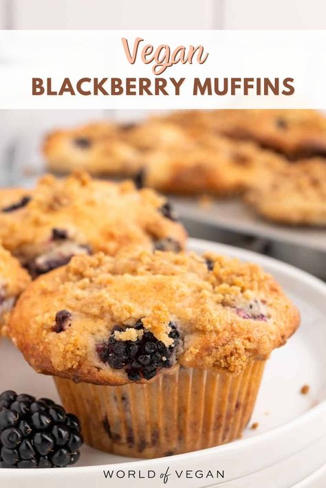 Make the best blackberry muffins (vegan!) with a banana bread base and sweet crumb topping. They're everything you could possibly crave in a baked good! https://www.worldofvegan.com/blackberry-muffins-vegan/ Blackberry Muffins, Blackberry Muffin, Jumbo Muffins, Muffins Vegan, Baked Good, Sweet Muffin, Muffin Batter, Vegan Banana, Vegan Kitchen