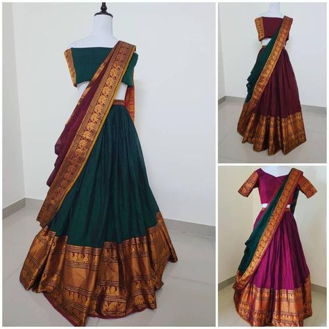 Dhavani Draping Styles, Narayanpet Lehenga Designs, Narayanpet Half Saree Designs, Simple Langa Voni, Narayanpet Half Sarees, Narayanpet Lehenga, South Indian Lehenga, Ethnic Skirts, Drape Ideas